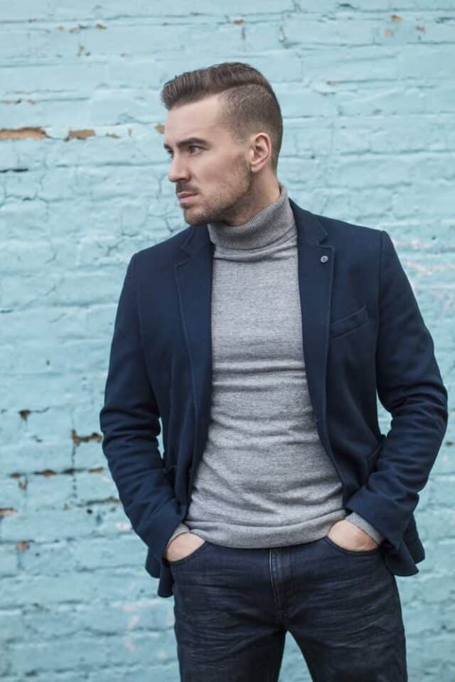 How To Wear A Sweater Under A Blazer Ready Sleek   Navy Blue Blazer With Jeans And Turtleneck Deposit Photos 2 640x960 